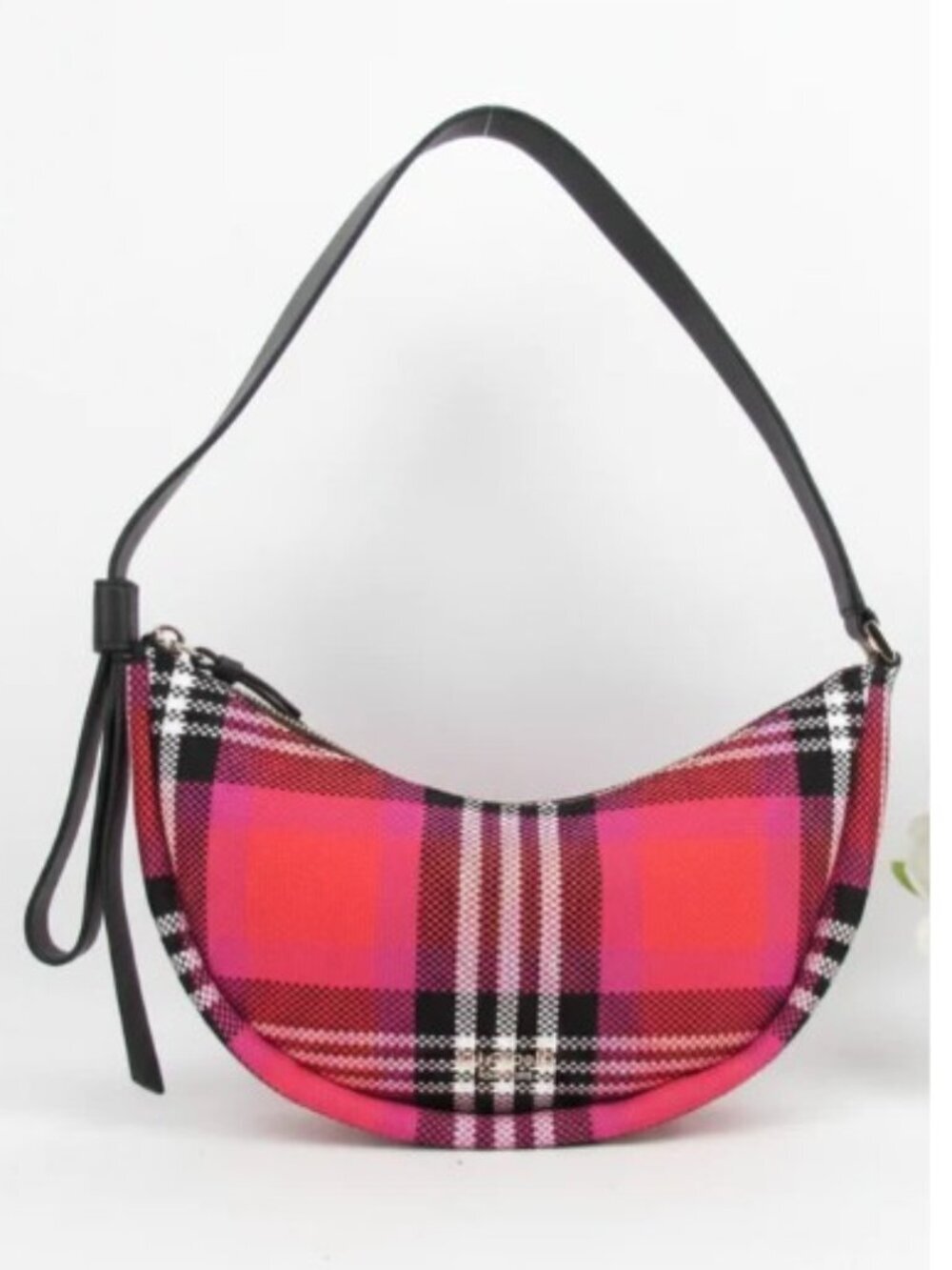 Kate Spade Smile Shoulder Bag Red Plaid Check Fabric Small Zip
